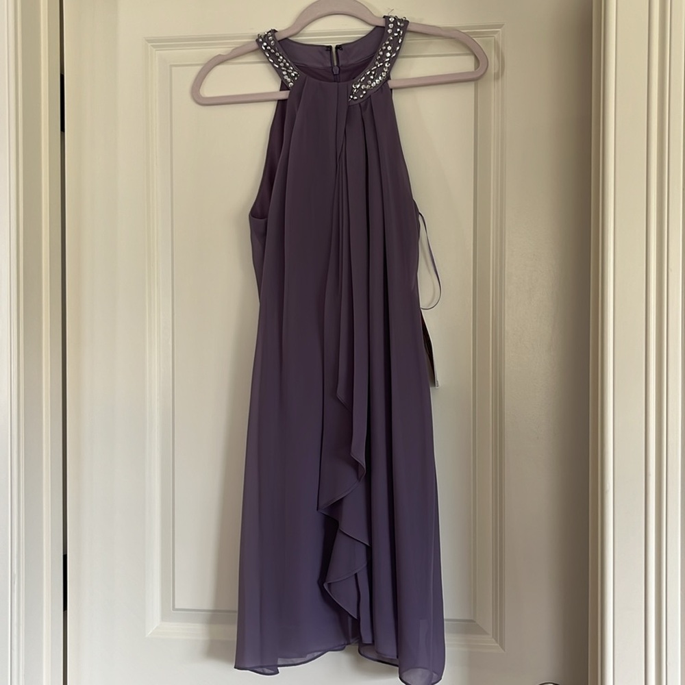 SLNY Ignite Evenings Beaded Braid Sleeveless Halter Neck Chiffon Ruffle Dress 8P